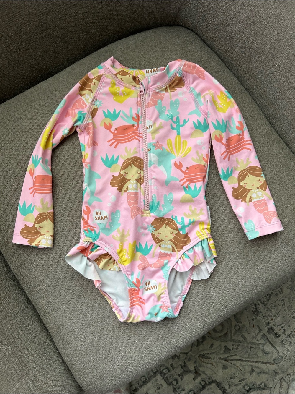 Long-Sleeve Pink Mermaid Print Kids One-Piece Swimsuit